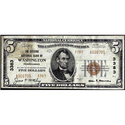 1929 $5 Citizens NB of Washington, Pennsylvania CH# 3383 National Currency Note