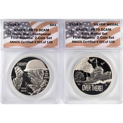2018-P Proof $1 WWI Centennial Coin & Navy Medal Set ANACS PR70 DCAM First Release