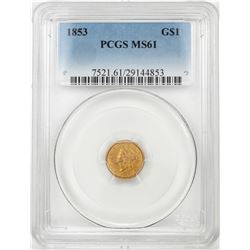 1853 $1 Liberty Head Gold Dollar Coin PCGS MS61