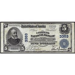 1902 PB $5 Citizens NB of Washington, Pennsylvania CH# 3383 National Currency Note