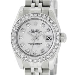 Rolex Ladies Stainless Steel Quickset MOP Diamond Datejust Wristwatch With Rolex Box