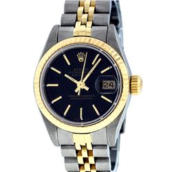 Rolex Ladies Two Tone 14K Black Tapestry Fluted Bezel Datejust Wristwatch
