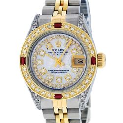 Rolex Ladies Two Tone 14K Mother Of Pearl Diamond & Ruby Datejust Wristwatch