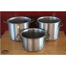 LOCATION #1. LOT OF 3 ASSORTED STAINLESS STEEL STOCK POTS