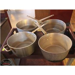 LOCATION #1. LOT OF 4 APPROX. 10 QUART ALUMINUM SAUCE PANS