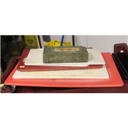 LOCATION #1. LOT OF 4 ASSORTED CUTTING BOARDS W/ WET STONE