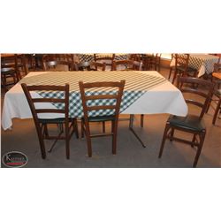 LOCATION #1. RECTANGULAR WOODEN DINING TABLE W/ 6 WOOD &