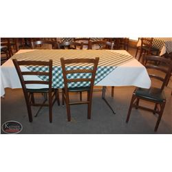 LOCATION #1. RECTANGULAR WOODEN DINING TABLE W/ 6 WOOD &