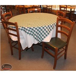 LOCATION #1. ROUND WOODEN DINING TABLE W/ 5 WOOD & LEATHERETTE