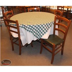 LOCATION #1. ROUND WOODEN DINING TABLE W/ 5 WOOD & LEATHERETTE