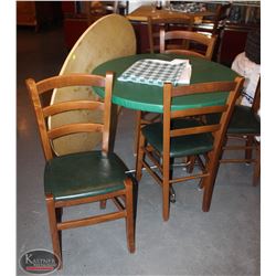 LOCATION #1. ROUND WOODEN DINING TABLE W/ 4 WOOD & LEATHERETTE