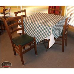 LOCATION #1. SQUARE WOODEN DINING TABLE W/ 4 WOOD & LEATHERETTE