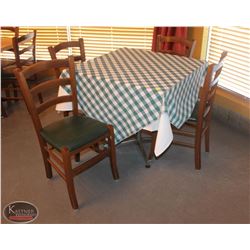 LOCATION #1. SQUARE WOODEN DINING TABLE W/ 4 WOOD & LEATHERETTE