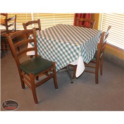 LOCATION #1. SQUARE WOODEN DINING TABLE W/ 4 WOOD & LEATHERETTE