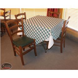 LOCATION #1. SQUARE WOODEN DINING TABLE W/ 4 WOOD & LEATHERETTE