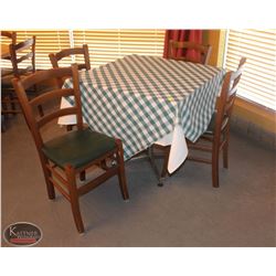 LOCATION #1. SQUARE WOODEN DINING TABLE W/ 4 WOOD & LEATHERETTE