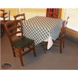 LOCATION #1. SQUARE WOODEN DINING TABLE W/ 4 WOOD & LEATHERETTE