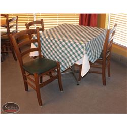 LOCATION #1. SQUARE WOODEN DINING TABLE W/ 3 WOOD & LEATHERETTE