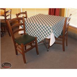 LOCATION #1. SQUARE WOODEN DINING TABLE W/ 3 WOOD & LEATHERETTE