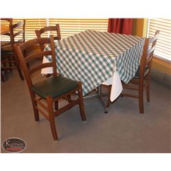 LOCATION #1. SQUARE WOODEN DINING TABLE W/ 3 WOOD & LEATHERETTE