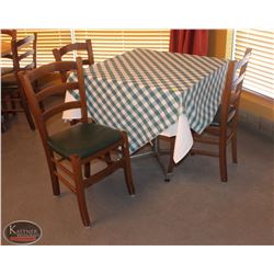 LOCATION #1. SQUARE WOODEN DINING TABLE W/ 3 WOOD & LEATHERETTE