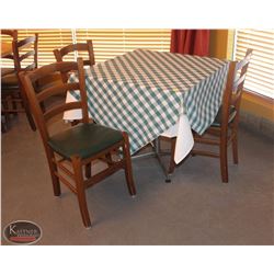 LOCATION #1. SQUARE WOODEN DINING TABLE W/ 3 WOOD & LEATHERETTE