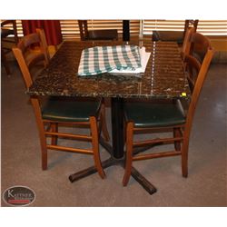 LOCATION #1. SQUARE GRANITE TOP DINING TABLE W/ 2 WOOD &