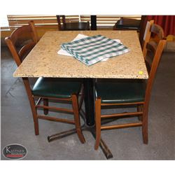 LOCATION #1. SQUARE GRANITE TOP DINING TABLE W/ 2 WOOD &