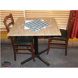 LOCATION #1. SQUARE GRANITE TOP DINING TABLE W/ 2 WOOD &