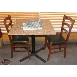 LOCATION #1. SQUARE GRANITE TOP DINING TABLE W/ 2 WOOD &