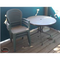 LOCATION #1. OUTDOOR PATIO SET INCL: GLASS TOP PATIO TABLE & 3