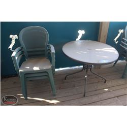 LOCATION #1. OUTDOOR PATIO SET INCL: GLASS TOP PATIO TABLE & 3