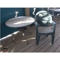 LOCATION #1. OUTDOOR PATIO SET INCL: GLASS TOP PATIO TABLE & 2