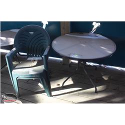 LOCATION #1. OUTDOOR PATIO SET INCL: GLASS TOP PATIO TABLE & 2