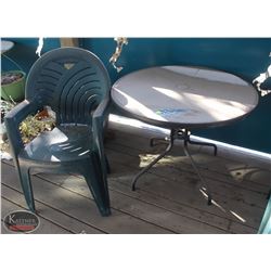 LOCATION #1. OUTDOOR PATIO SET INCL: GLASS TOP PATIO TABLE & 2