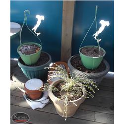 LOCATION #1. LOT OF 7 ASSORTED OUTDOOR PLANTERS INCL 2 HANGING