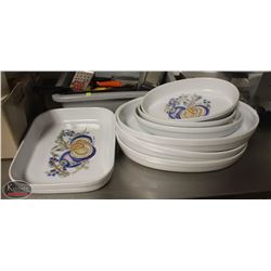 LOCATION #1. 7 PCS SET OF PLUM DESIGN CASSEROLE DISHES