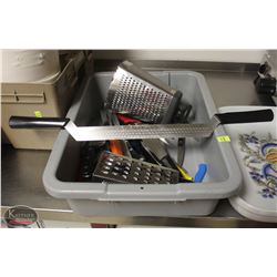 LOCATION #1. BUS BIN W/ ASSORTED COMMERCIAL GRADE KNIVES & 2