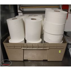 LOCATION #1. TOTE OF W/ 8 ROLLS OF PAPER TOWEL & 6 COMMERCIAL