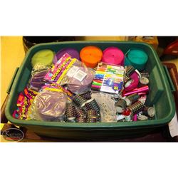 LOCATION #1. RUBBERMAID TOTE OF ASSORTED BIRTHDAY DECORATIONS