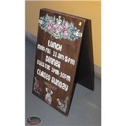 LOCATION #1. HAND PAINTED A-FRAME SIGN W/ LUNCH & DINNER HOURS