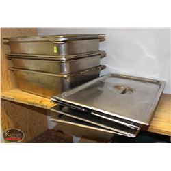 LOCATION #1. LOT OF 7 FULL SIZE STAINLESS STEEL INSERTS W/ LIDS