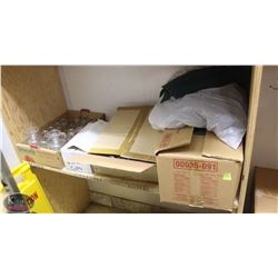 LOCATION #1. SHELF CONTENTS W/ ASSORTED SHOT GLASSES, TEA POTS