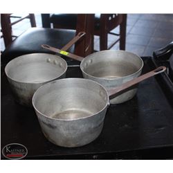 LOCATION #2. LOT OF 3 - 2.5 QUART ALUMINUM SAUCE PANS