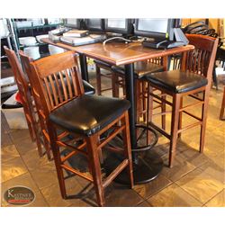 LOCATION #2. DOUBLE PEDESTAL BAR HEIGHT TABLE W/ 6 PADDED WOOD