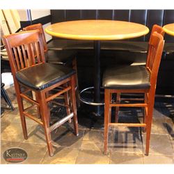 LOCATION #2. 42" ROUND BAR TABLE W/ 4 PADDED WOOD BAR CHAIRS