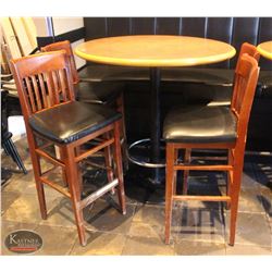 LOCATION #2. 42" ROUND BAR TABLE W/ 4 PADDED WOOD BAR CHAIRS