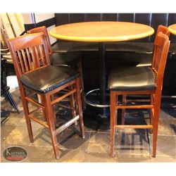 LOCATION #2. 42" ROUND BAR TABLE W/ 4 PADDED WOOD BAR CHAIRS