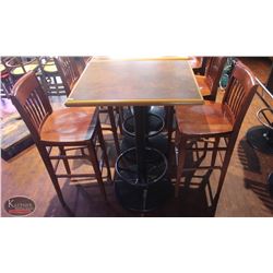 LOCATION #2. RECTANGULAR BAR HEIGHT TABLE W/ 2 WOOD BAR CHAIRS