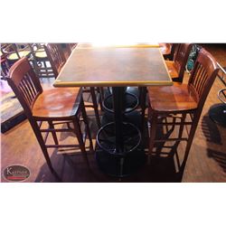 LOCATION #2. RECTANGULAR BAR HEIGHT TABLE W/ 2 WOOD BAR CHAIRS